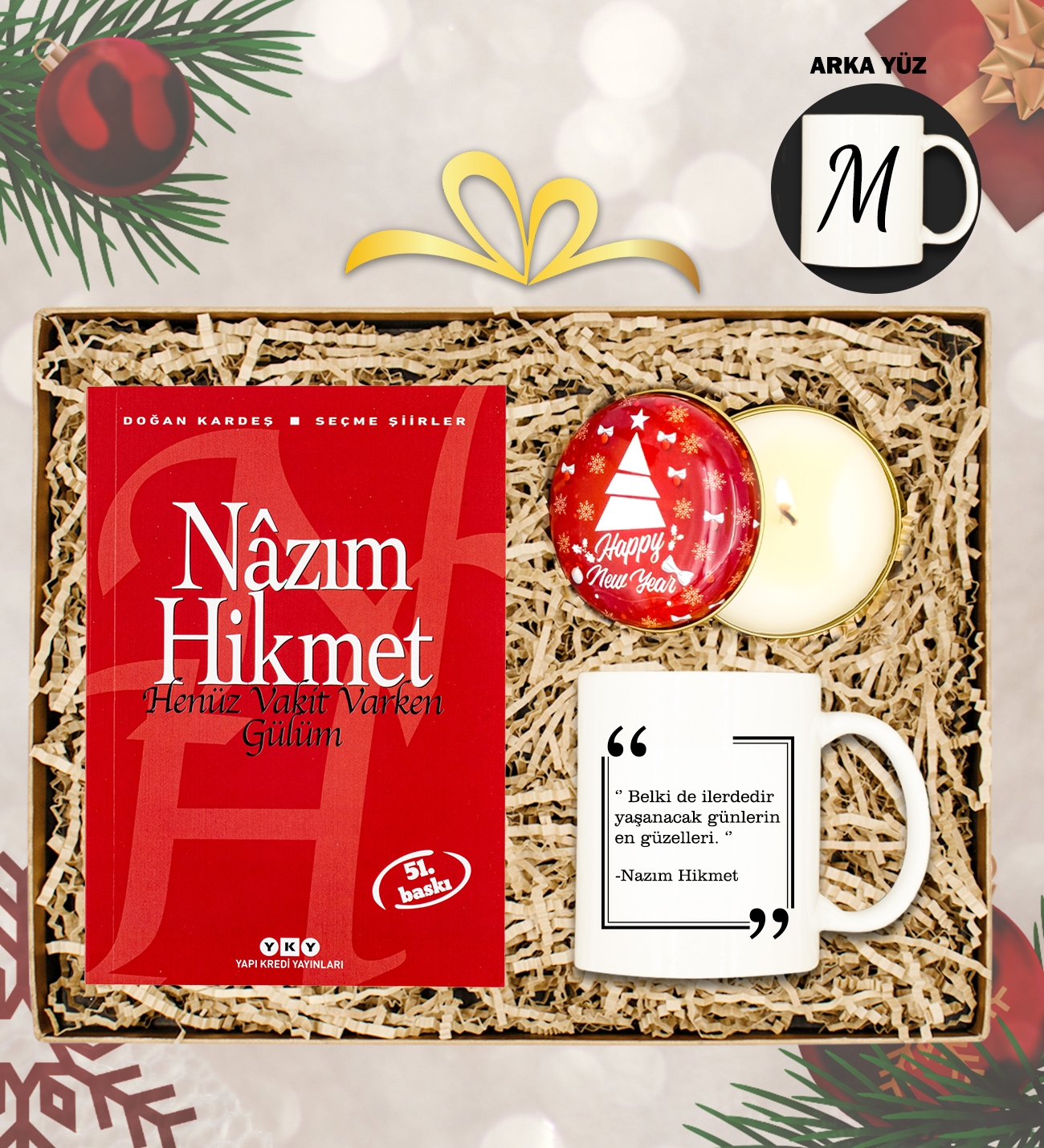 Nazım%20Hikmet%20Şiir%20Kitabı%20&%20Kişiye%20Özel%20Kupa%20&%20Yılbaşı%20Temalı%20Mum%20Hediye%20Seti