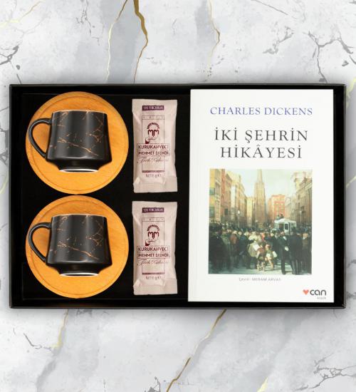 İki Şehrin Hikayesi Kitap, İkili Mermer Desen Bambu Fincan ve Kahve Seti