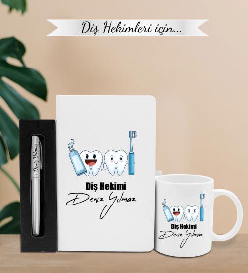 Diş Hekimleri İçin Kişiye Özel Defter & Kupa & Kişiye Özel Kalem Hediye Seti