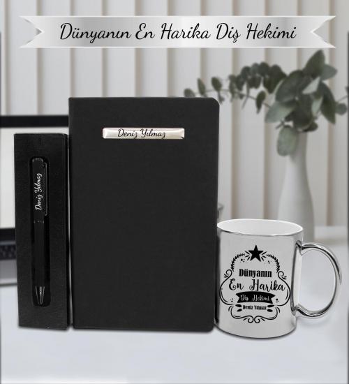 Kişiye Özel Diş Hekimi Kupa & Defter ve Kalem Hediye Seti