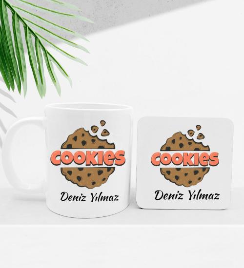 Cookie Dizaynlı Kişiye Özel Beyaz Kupa & Bardak Altlığı Hediye Seti