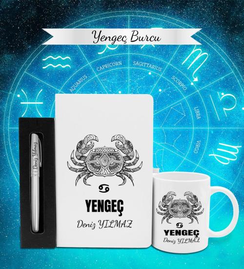 Kişiye Özel Yengeç Burcu Defter, Kalem ve Kupa Hediye Seti